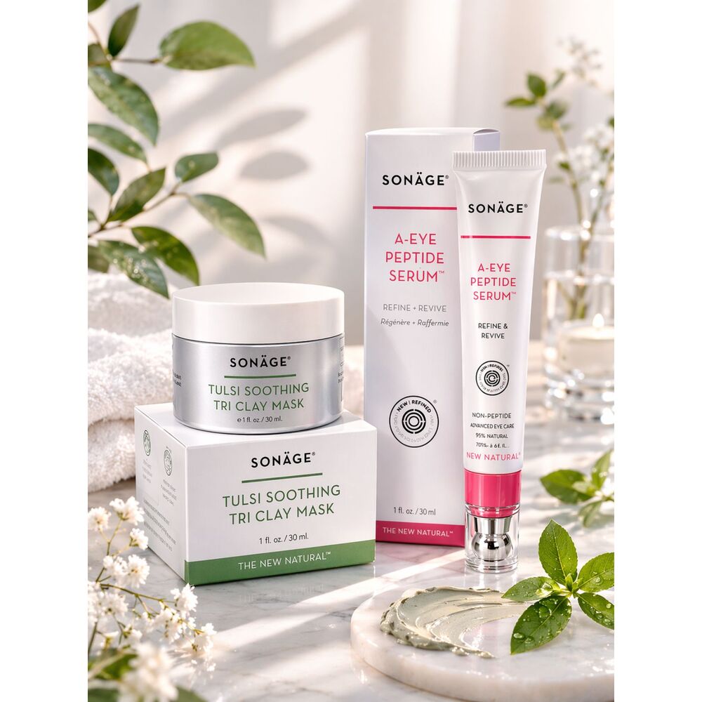 Sonäge Skincare Set A-Eye Peptide Serum & Tulsi Soothing Tri Clay Mask Bundle